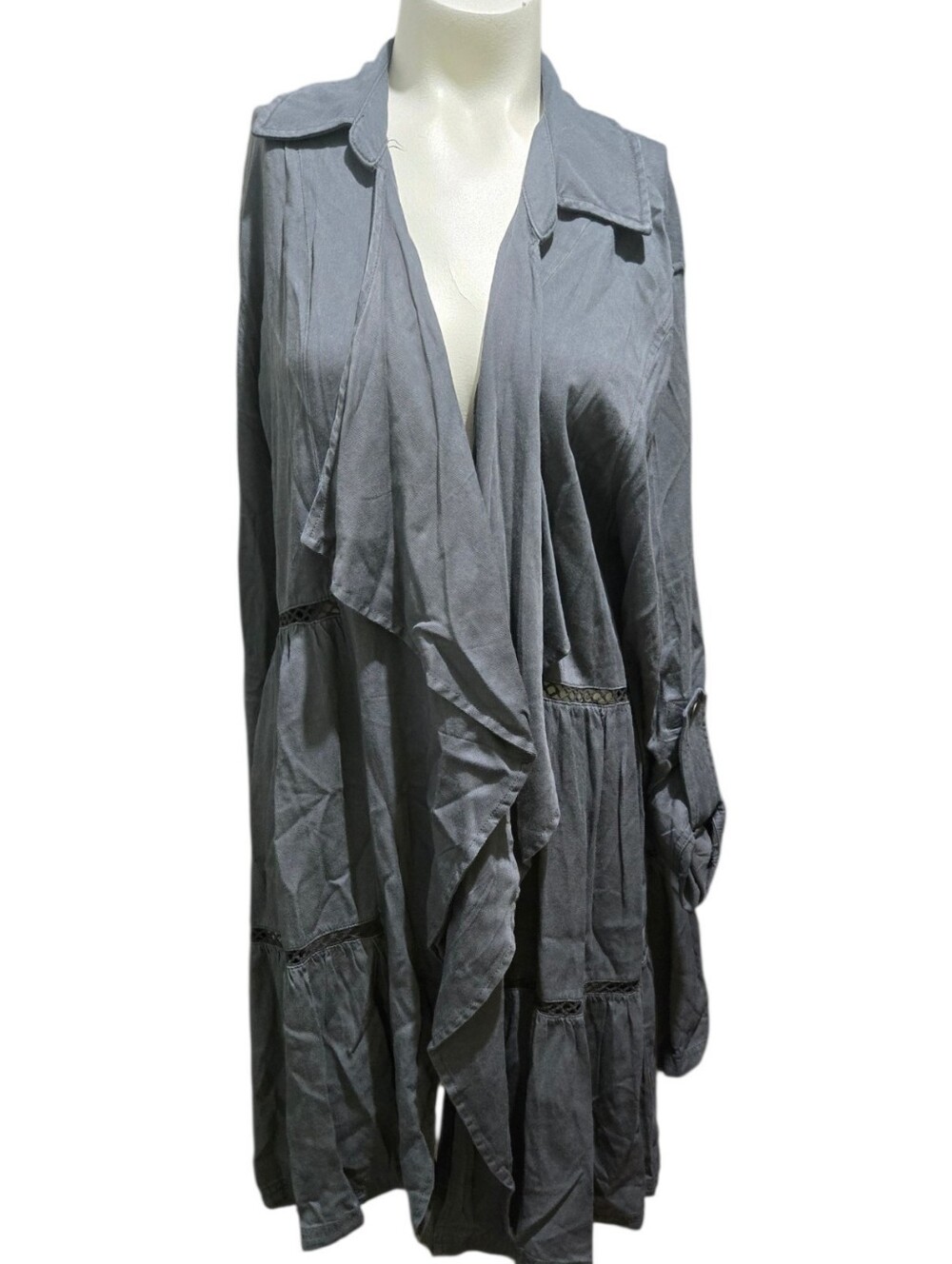 Knox Rose Gray Duster Jacket Long Sleeve Tiered Lace Trim Boho M